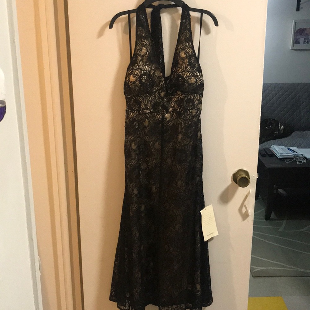 Black and cream lace formal halter dress